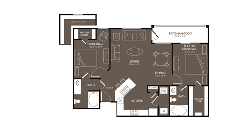 Floor plan for 2 beds, 2 baths, 1136 sqft